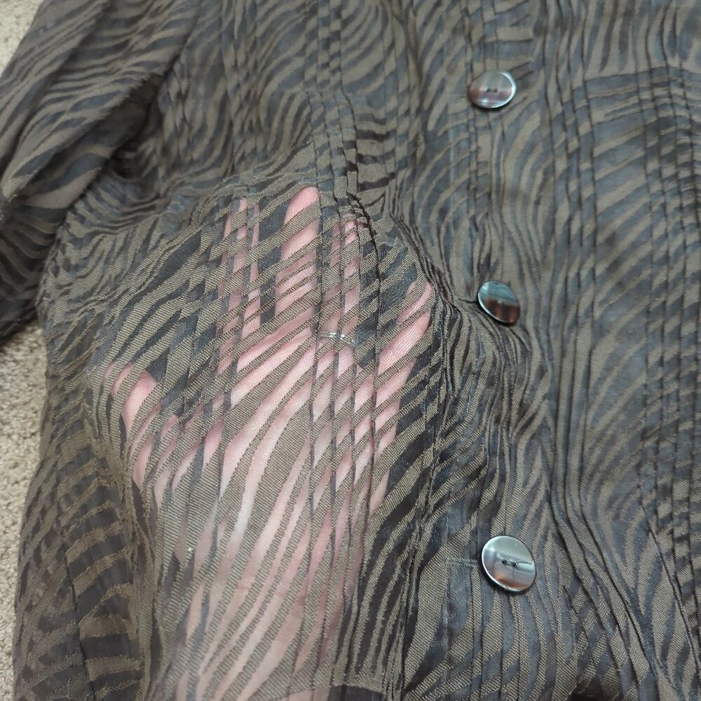 Citiknits Pleated Blouse Semi Sheer Long Sleeve Button Front Brown Large - Picture 7 of 11